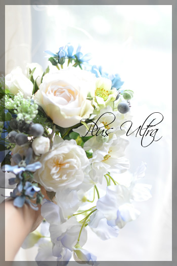 造花　海外ウェディングブーケ　白　ブルー