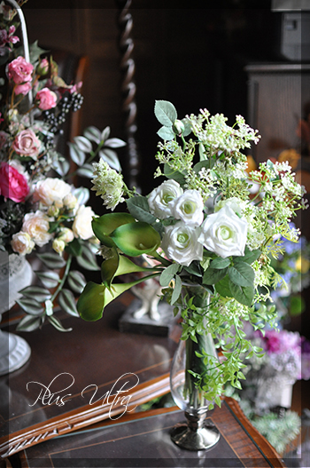 造花　レッスン　フラワーアレンジ　豪華　白グリーン　大型　