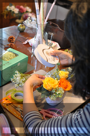 プリザ　プリザーブドフラワー　レッスン　フラワーアレンジ　豪華　横長　黄色　オレンジ　可愛い