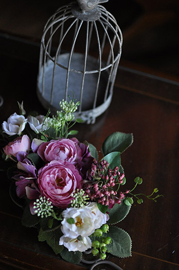 造花　レッスン　フラワーアレンジ　豪華　アイアン　手づくり　壁掛け　大人ピンク