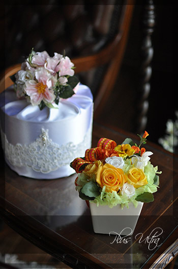 プリザ　プリザーブドフラワー　レッスン　フラワーアレンジ　豪華　黄色　オレンジ　可愛い