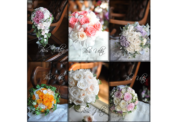 ウェディングブーケ　プリザ　プリザーブドフラワー　ラウンドブーケ　キャスケードブーケ