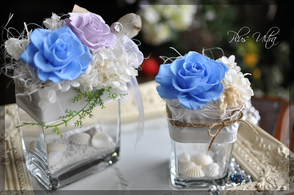 プリザ　プリザーブドフラワー　白ブルー　貝　夏アレンジ