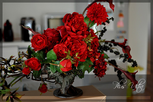 造花 レッスン フラワーアレンジ 豪華 ダーク 赤 アイアン 大型 横長