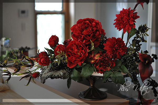 造花 レッスン フラワーアレンジ 豪華 ダーク 赤 アイアン 大型 横長