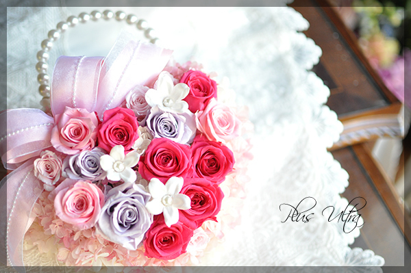 プリザ　プリザーブドフラワー　ハート　バックブーケ　ピンク